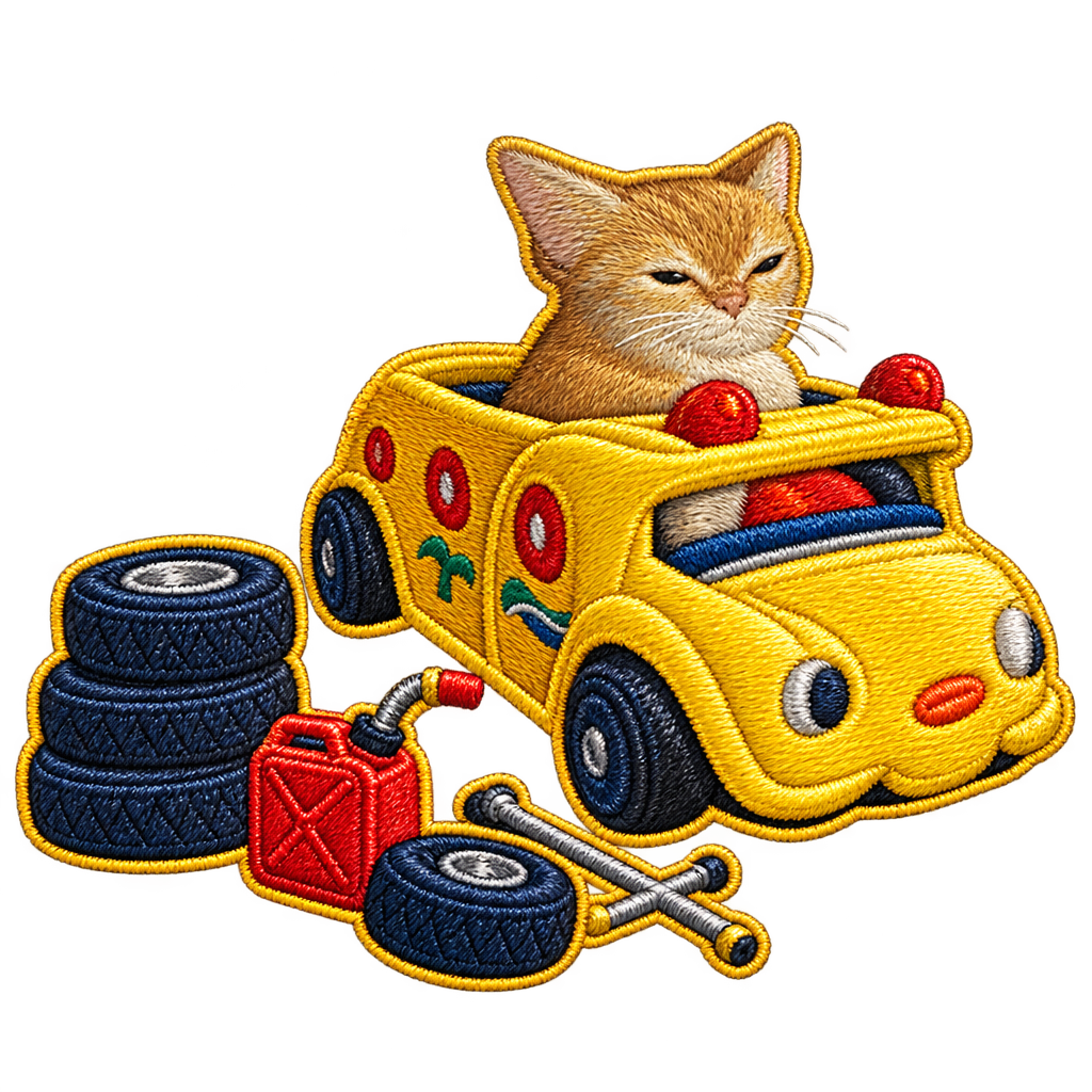 Embroidered detail of Unit KART-01 parked beside spare tires, a fuel can, and a tire iron